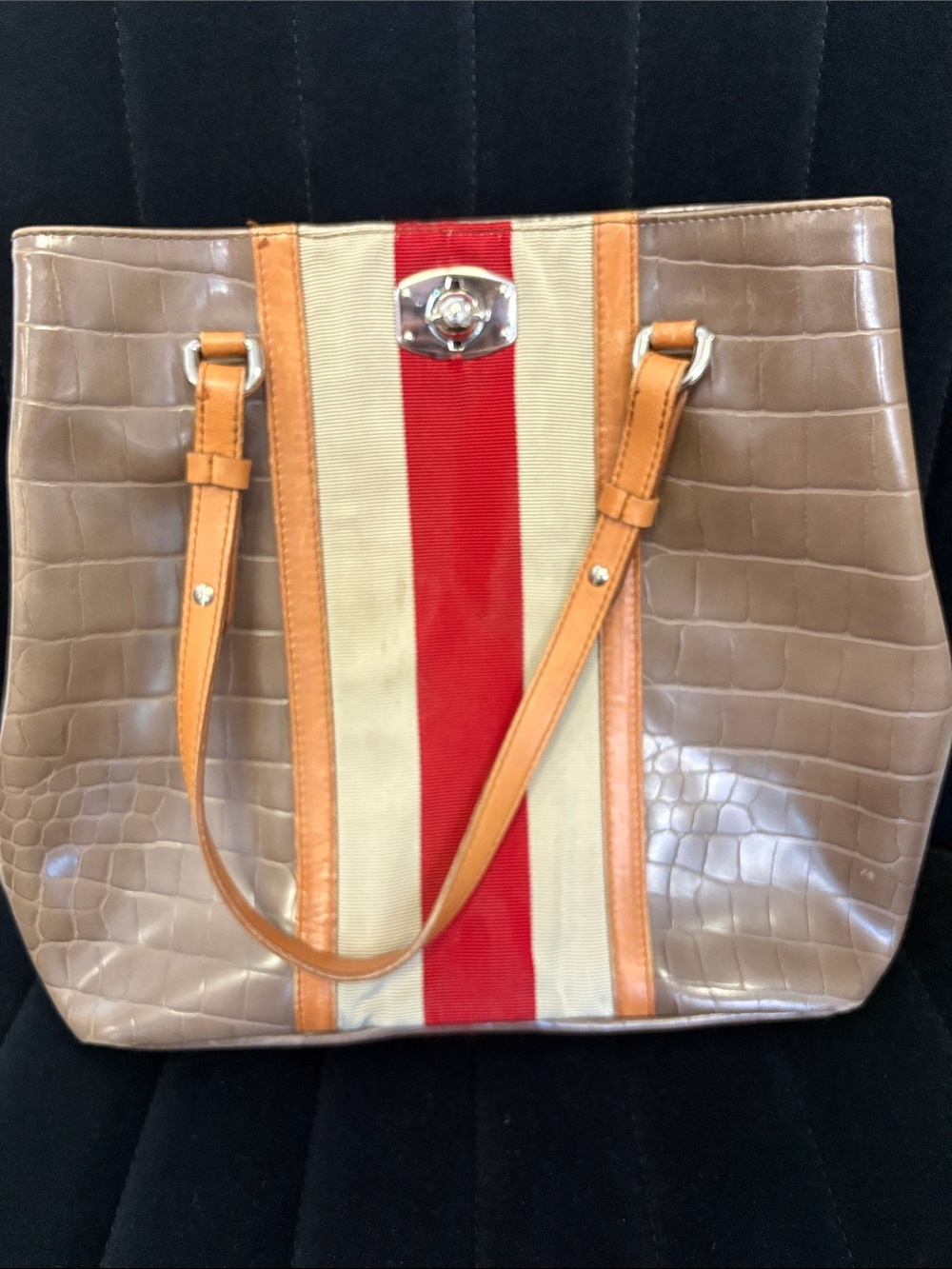 Furla Taupe Croc-Embossed Tote with Red & Cream Stripe